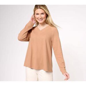 Denim & Co. Women's Top Sz XS Essentials Waffle Knit V-Neck Safari Tan A619121